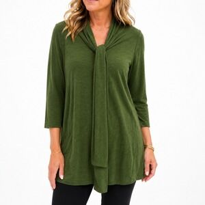 Sue Brett Vintage Boho‎ Green Tie Neck Tunic Top Slinky Liquid Knit Cottagecore